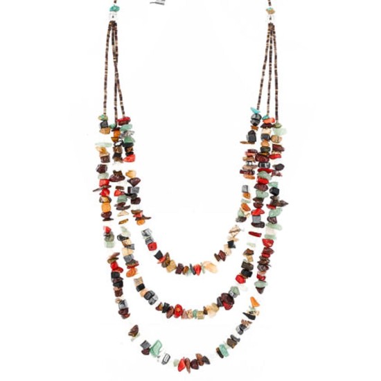 Large Certified Authentic 3 Strand Navajo .925 Sterling Silver Multicolor Natural Stone 631 Native American Necklace 15863-1