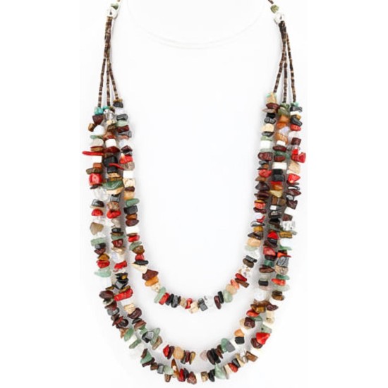 Large Certified Authentic 3 Strand Navajo .925 Sterling Silver Multicolor Natural Stone Native American Necklace 15862-6