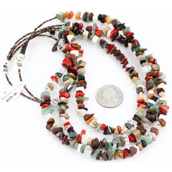 Large Certified Authentic 3 Strand Navajo .925 Sterling Silver Multicolor Natural Stone Native American Necklace 15862-6