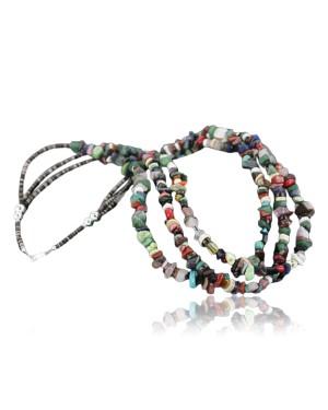 Large Certified Authentic 3 Strand Navajo .925 Sterling Silver Multicolor Natural Stone Native American Necklace 370962133374