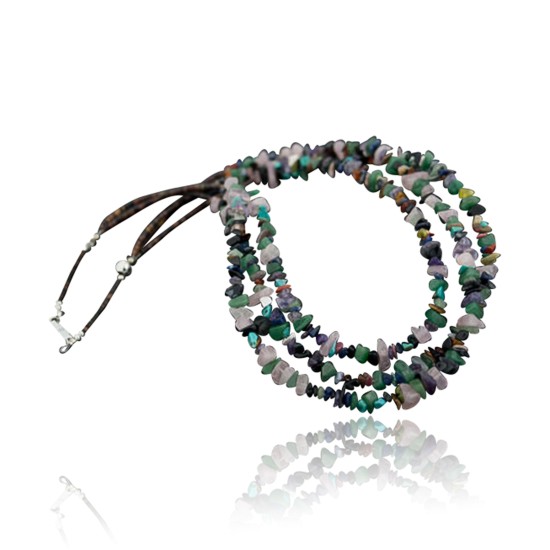Large Certified Authentic 3 Strand Navajo .925 Sterling Silver Multicolor Stones Native American Necklace 1530-3