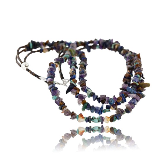 Large Certified Authentic 3 Strand Navajo .925 Sterling Silver Multicolor Stones Native American Necklace 15795-4