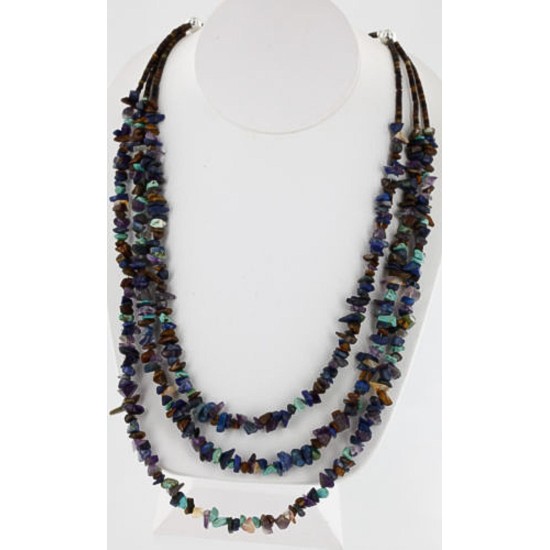 Large Certified Authentic 3 Strand Navajo .925 Sterling Silver Multicolor Stones Native American Necklace 15795-4