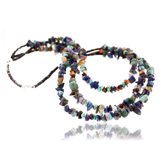 Large Certified Authentic 3 Strand Navajo .925 Sterling Silver Multicolor Stones Native American Necklace 15795-7