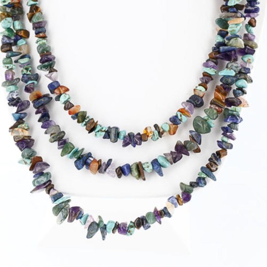 Large Certified Authentic 3 Strand Navajo .925 Sterling Silver Multicolor Stones Native American Necklace 15795-7