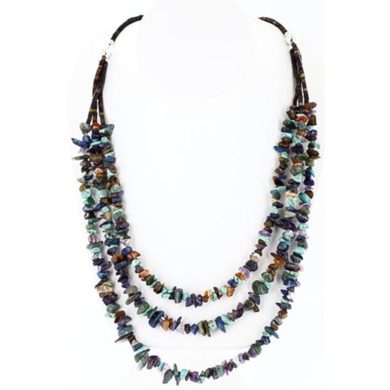 Large Certified Authentic 3 Strand Navajo .925 Sterling Silver Multicolor Stones Native American Necklace 15795-7