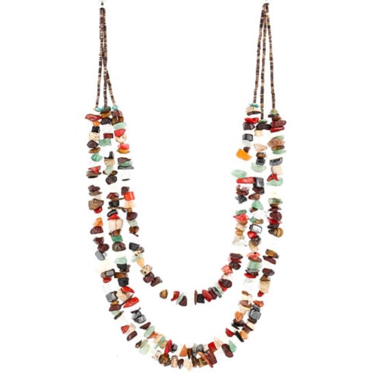 Large Certified Authentic 3 Strand Navajo .925 Sterling Silver Multicolor Stones Native American Necklace 15863-3