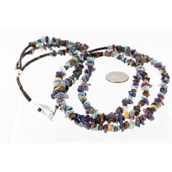 Large Certified Authentic 3 Strand Navajo .925 Sterling Silver Multicolor Stones Native American Necklace 370991281528