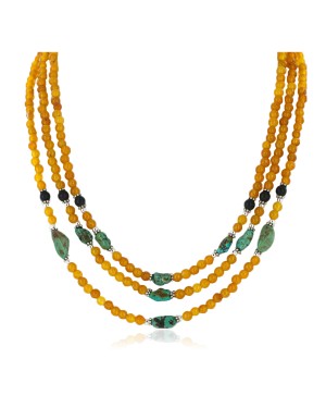 Large Certified Authentic 3 Strand Navajo .925 Sterling Silver Turquoise Onyx and Yellow Agate Native American Necklace 750162