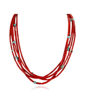 Large Certified Authentic 5 Strand Navajo .925 Sterling Silver Turquoise and Coral Native American Necklace 15809-102