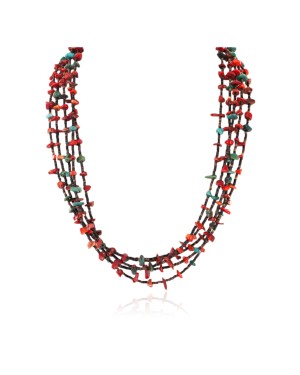 Large Certified Authentic 5 Strands Navajo Native .925 Sterling Silver Turquoise and Coral Native American Necklace 750132-3
