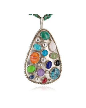 Large Certified Authentic .925 Sterling Silver Handmade Natural Turquoise Coral and Multicolor Stones Native American Necklace 24400-15771