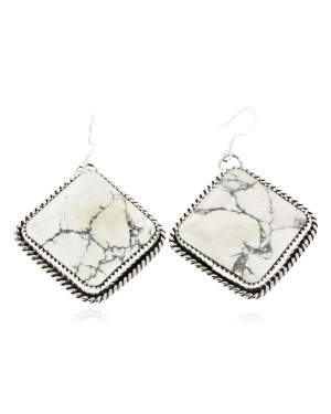 Large Certified Authentic Handmade Navajo .925 Sterling Silver Dangle Native American Earrings Natural White Buffalo 18095-1