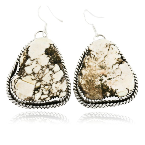 Large Certified Authentic Handmade Navajo .925 Sterling Silver Dangle Native American Earrings Natural White Buffalo 18095-2