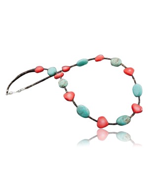 Large Certified Authentic Navajo .925 Sterling Silver Magnesite and Coral Native American Necklace 370797836044
