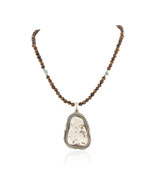 Large Certified Authentic Navajo .925 Sterling Silver Natural Tigers Eye White Buffalo Native American Necklace and Pendant 12870-25271