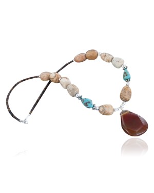 Large Certified Authentic Navajo .925 Sterling Silver Natural Turquoise and Carnelian Native American Necklace 15760-19