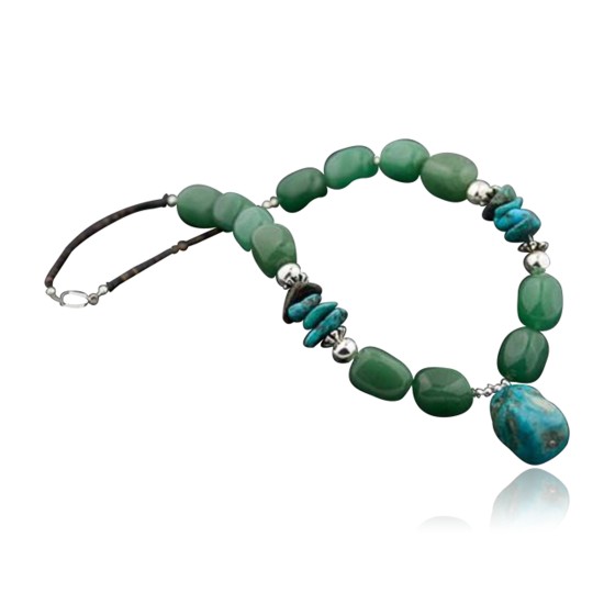 Large Certified Authentic Navajo .925 Sterling Silver Natural Turquoise and Green Jade Native American Necklace 390596280309