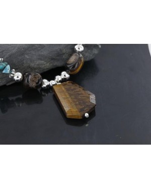 Large Certified Authentic Navajo .925 Sterling Silver Natural Turquoise and Tigers Eye Native American Necklace 15215-37