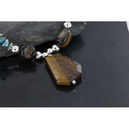 Large Certified Authentic Navajo .925 Sterling Silver Natural Turquoise and Tigers Eye Native American Necklace 15215-37