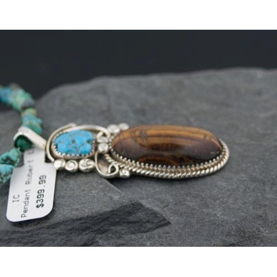 Large Certified Authentic Navajo .925 Sterling Silver Natural Turquoise and Tigers Eye Native American Necklace 370824541060
