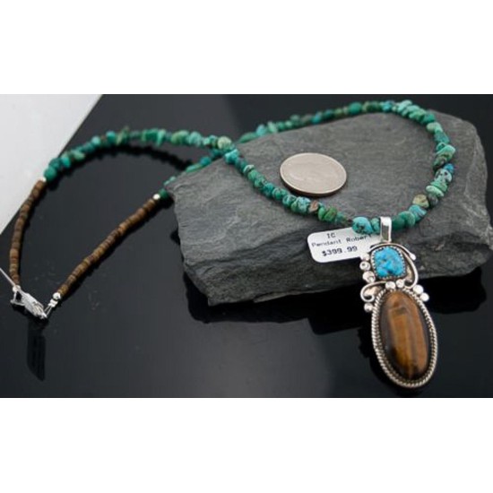 Large Certified Authentic Navajo .925 Sterling Silver Natural Turquoise and Tigers Eye Native American Necklace 370824541060