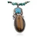Large Certified Authentic Navajo .925 Sterling Silver Natural Turquoise and Tigers Eye Native American Necklace 370824541060