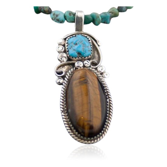 Large Certified Authentic Navajo .925 Sterling Silver Natural Turquoise and Tigers Eye Native American Necklace 370824541060