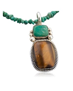 Large Certified Authentic Navajo .925 Sterling Silver Natural Turquoise and Tigers Eye Native American Necklace 390605187248