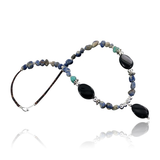 Large Certified Authentic Navajo .925 Sterling Silver Natural Turquoise Lapis and Onyx Native American Necklace 370877695652