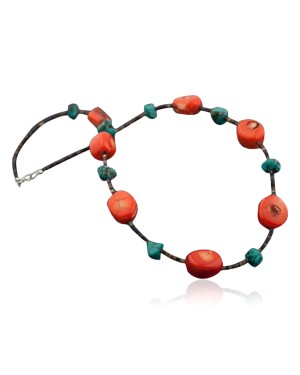 Large Certified Authentic Navajo .925 Sterling Silver Turquoise and Coral Native American Necklace 370819474811
