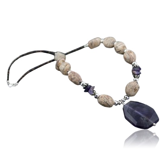 Large Certified Authentic Navajo Native .925 Sterling Silver Boulder Turquoise and Amethyst Native American Necklace 750103-62