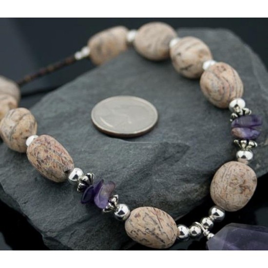 Large Certified Authentic Navajo Native .925 Sterling Silver Boulder Turquoise and Amethyst Native American Necklace 750103-62