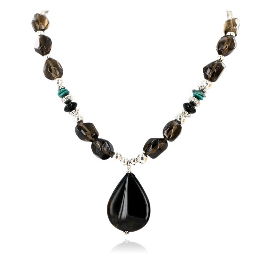 Large Certified Authentic Navajo Native .925 Sterling Silver Natural Boulder and Turquoise Smoky Quartz Native American Necklace 24372-2