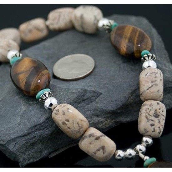 Large Certified Authentic Navajo Native .925 Sterling Silver Natural Boulder Turquoise Tigers Eye Native American Necklace 390609530021