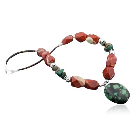 Large Certified Authentic Navajo Native .925 Sterling Silver Natural Turquoise and Jasper Native American Necklace 750102-32