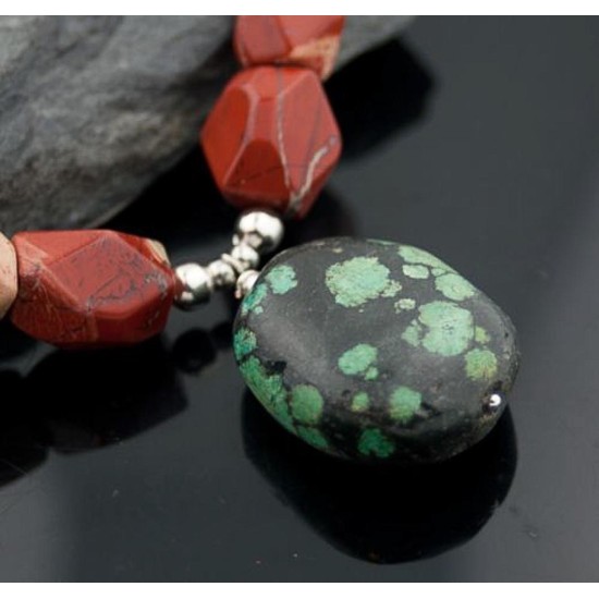 Large Certified Authentic Navajo Native .925 Sterling Silver Natural Turquoise and Jasper Native American Necklace 750102-32