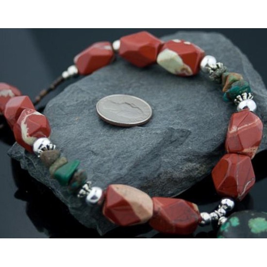 Large Certified Authentic Navajo Native .925 Sterling Silver Natural Turquoise and Jasper Native American Necklace 750102-32