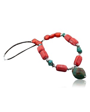 Large Certified Authentic Navajo Native .925 Sterling Silver  Turquoise and Coral Native American Necklace 390590009972