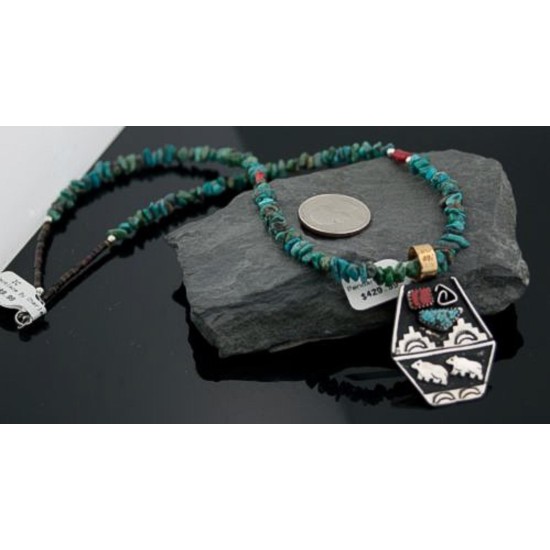 Large Handmade Bear RARE Certified Authentic Navajo Native .925 Sterling Silver Gold Filled Turquoise Native American Necklace 370789163269
