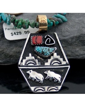 Large Handmade Bear RARE Certified Authentic Navajo Native .925 Sterling Silver Gold Filled Turquoise Native American Necklace 370789163269