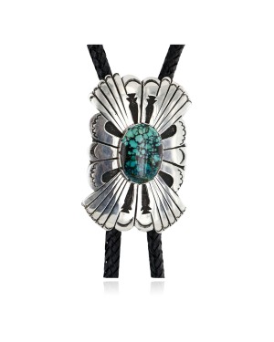 Large Handmade Certified Authentic Leather Navajo .925 Sterling Silver Natural Turquoise Native American Bolo Tie  24416