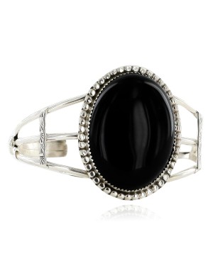 Large Handmade Certified Authentic Navajo .925 Sterling Silver Natural Black Onyx Native American Bracelet 12756-4