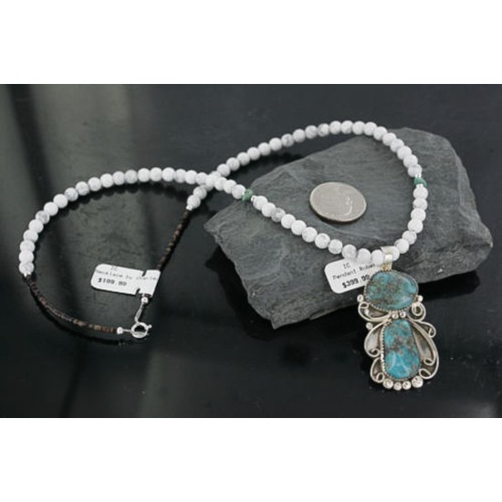 Large Handmade Certified Authentic Navajo .925 Sterling Silver Natural Turquoise and White Howlite Native American Necklace & Pendant 390684301644