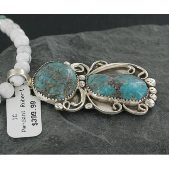 Large Handmade Certified Authentic Navajo .925 Sterling Silver Natural Turquoise and White Howlite Native American Necklace & Pendant 390684301644