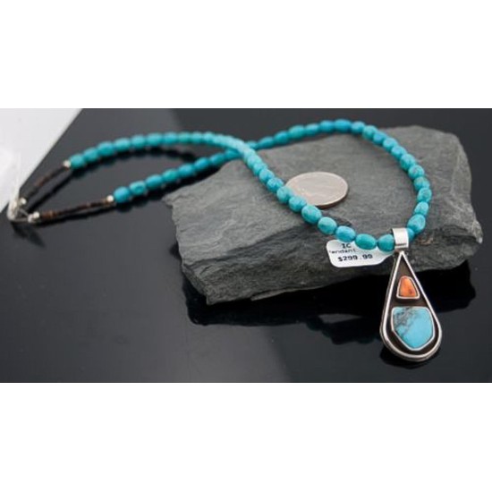 Large Handmade Certified Authentic Navajo Native .925 Sterling Silver Turquoise and Spiny Oyster Native American Necklace 370801014475