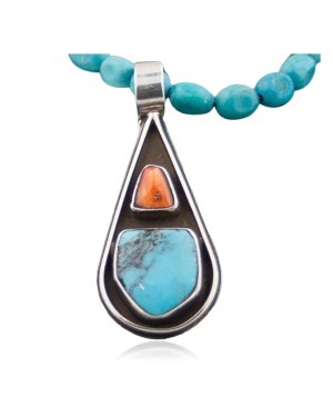 Large Handmade Certified Authentic Navajo Native .925 Sterling Silver Turquoise and Spiny Oyster Native American Necklace 370801014475