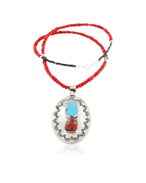 Large HANDMADE Certified Authentic Navajo Nickel Beauty Turquoise and CORAL Native American Necklace 371104957476
