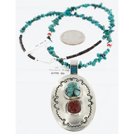 Large HANDMADE Certified Authentic Navajo Nickel CORAL and Turquoise Native American Necklace 371115142357