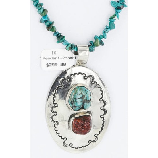 Large HANDMADE Certified Authentic Navajo Nickel CORAL and Turquoise Native American Necklace 371115142357
